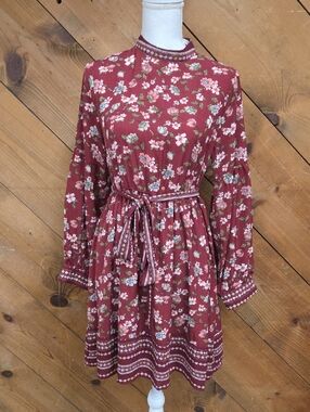 Baevely Floral Tie-Waist Long Sleeve Dress - Rust Pink Floral.  Medium.